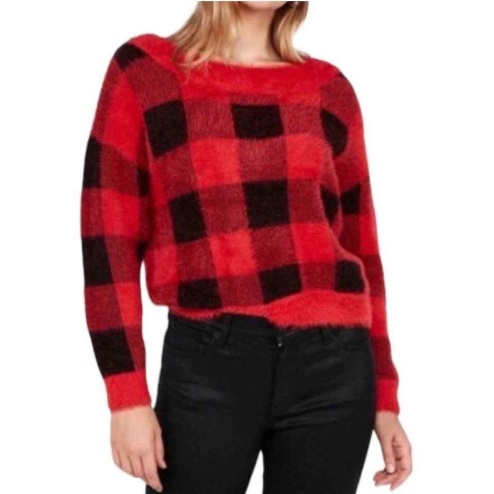 Express women’s large red buffalo check fuzzy sweater plaid holiday Christmas